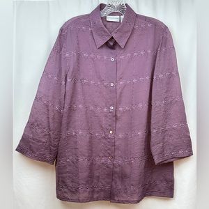 Alfred Dunner Sheer Eyelet Leaf Embroidered Chiffon 3/4 Sleeve Button Up Size 12